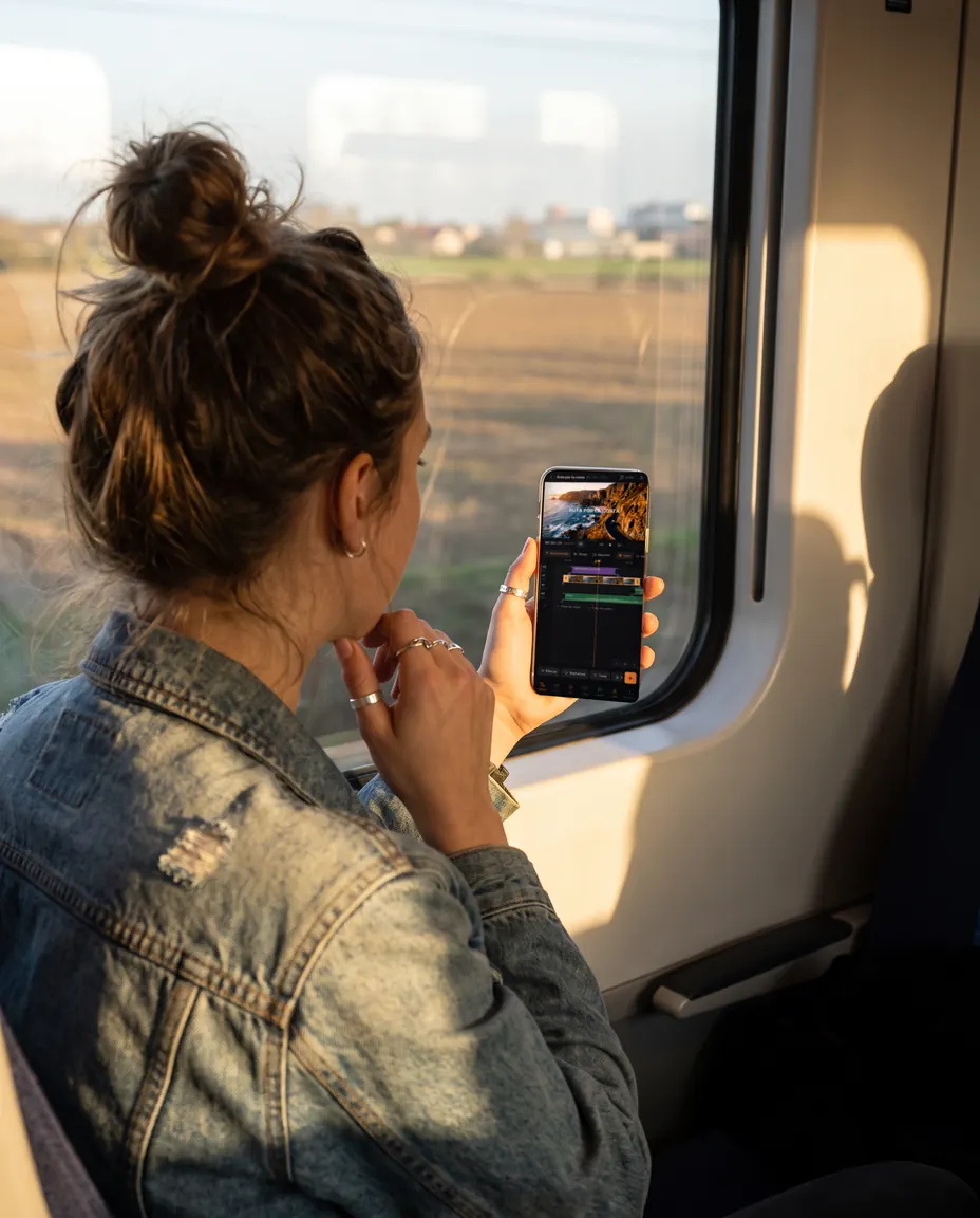 Una mujer edita un v&iacute;deo en Kroma con el m&oacute;vil, sentada junto a la ventana de un tren al atardecer.