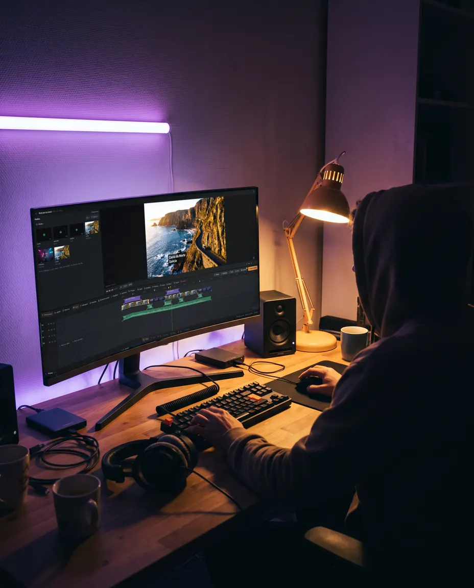 Estudio de edici&oacute;n casero de noche: la l&iacute;nea de tiempo de Kroma en un monitor curvo ultrapanor&aacute;mico.